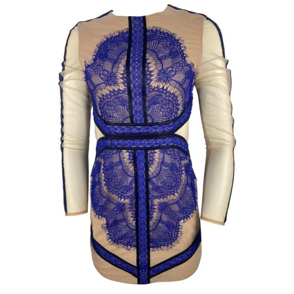 THREE Floor Nude Mesh and Blue Lace Mini Evening Dress - Picture 4 of 6